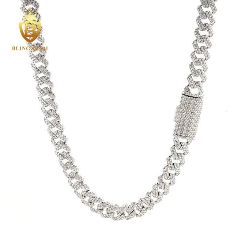 Factory Direct Wholesale Moissanite Cuban Chain Necklace Hip Hop Style VVS Diamond 2 Rows Sizes 12mm 925 Silver Men