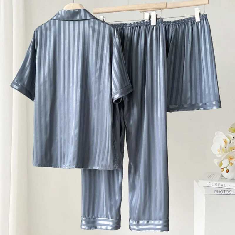 Spring Summer New Men 3PCS Pajamas Set Sleepwear Short Sleeve Trouser Suit Loungewear Loose Silk Satin Home Clothes Pajamas Set W250717