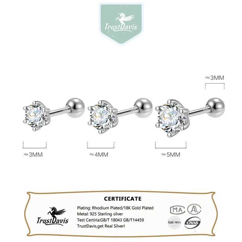 TrustDavis Real 925 Sterling Silver Fashion Gold Six Claw 3/4/5mm CZ Screw Stud Earrings For Women Wedding Fine Jewelry DA2712 y250715