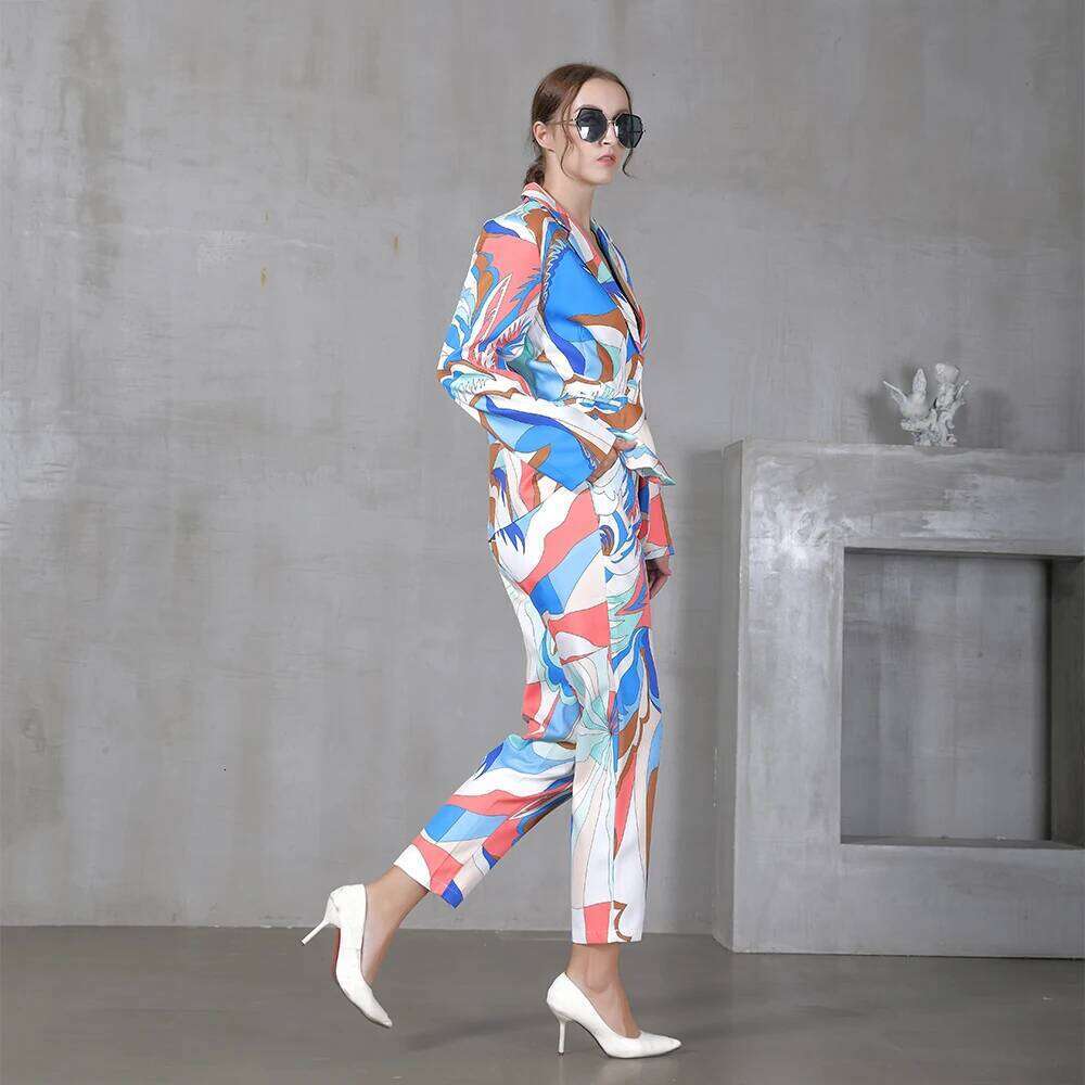 Fashion Spring Autumn Pant Suits Long Sleeve V-Neck Sexy Blouse Trousers Printing Two Pieces Suit Sets