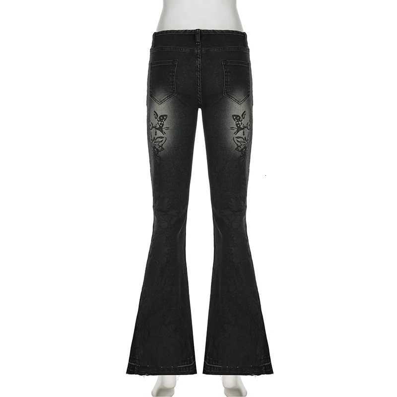 90s Vintage Plant Printed Flared Jeans Y2K Streetwear Low Waist Slim Denim Pants 2000s Washed High Street Women Trousers New R250716