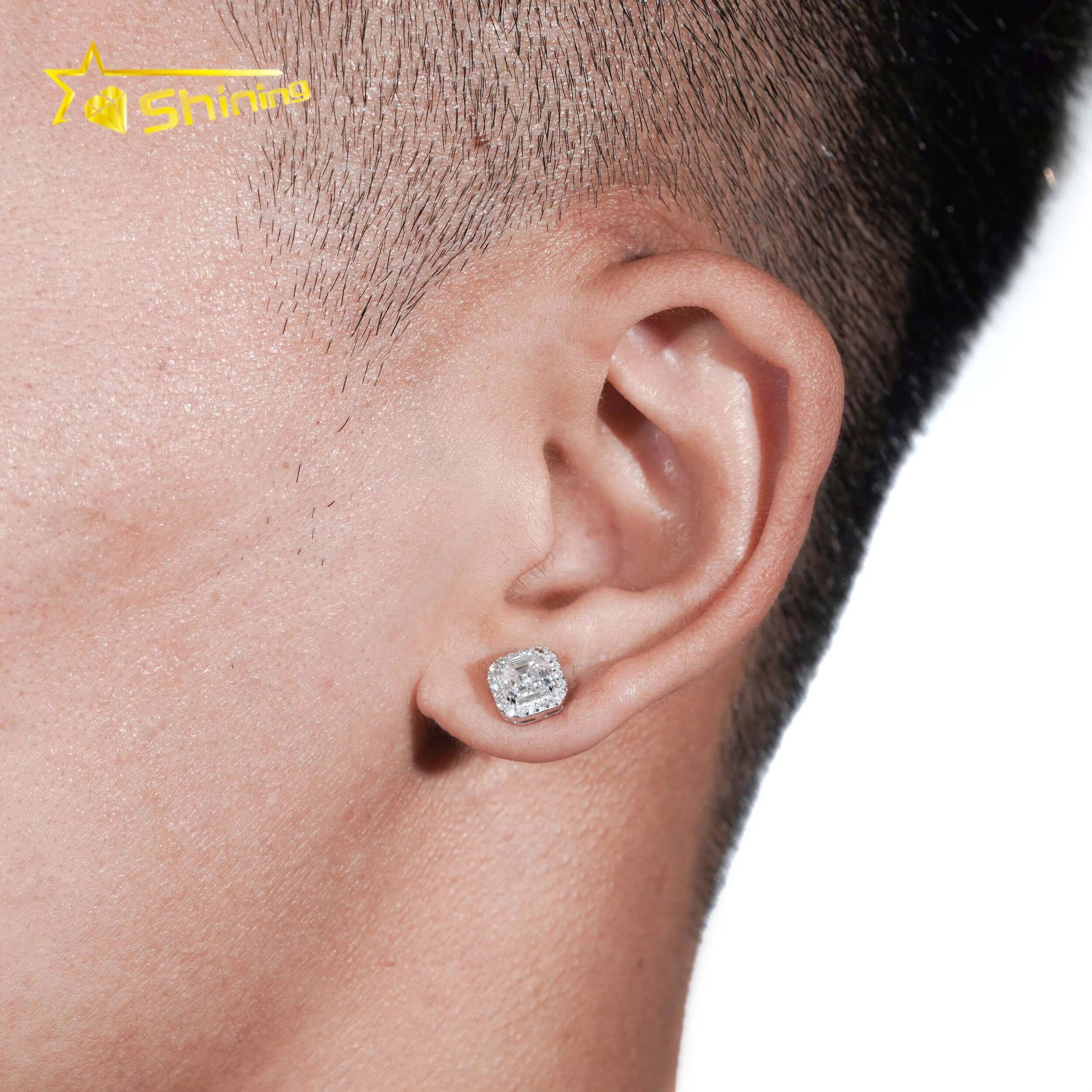 New Style Fine High Quality Asscher Cut Moissanite Stud Earrings 925 Silver Hip Hop Iced Out VVS Halo Moissanite Earrings
