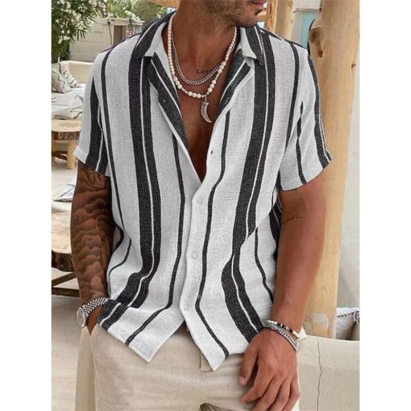 2025 Men Spring/Summer Casual Holiday Striped Button-Down Short Sleeve Shirt