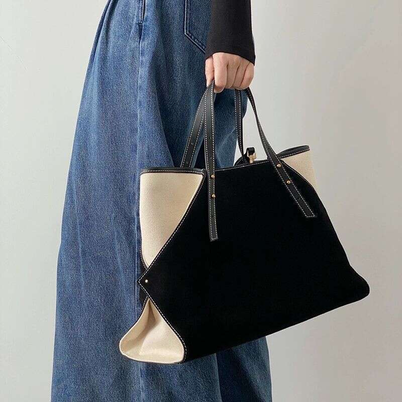 2025 New Large Capacity High-end Color-blocking Black Canvas Tote for Women Handbag Shoulder Commuter Bag