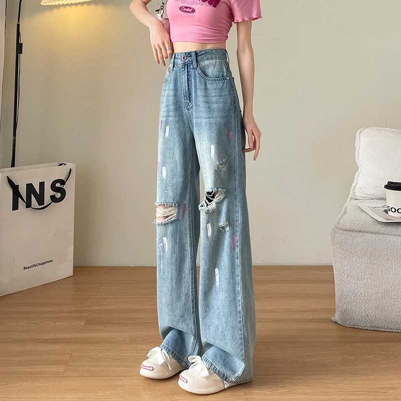 2025 Summer Women Wide Leg Jeans High Waist Hollow Out Baggy Pants Loose Straight Frayed Ripped Jeans Painting Streetwear R250716