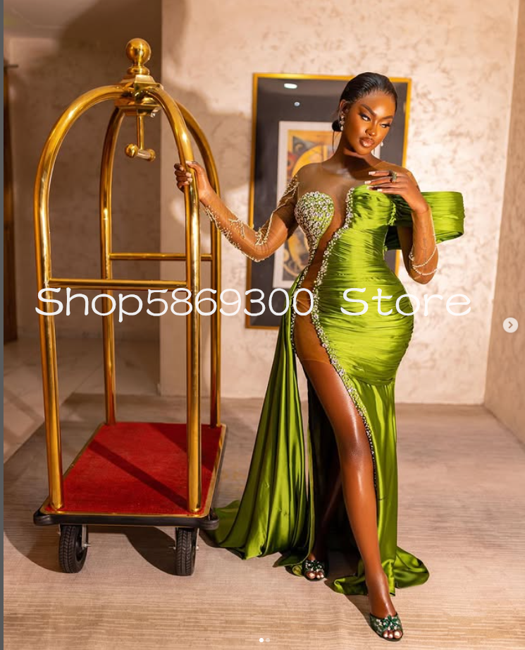 Lemon Green Hot Sexy African Evening Dresses Sheer Long Sleeve Beaded High Slit Aso Ebi Prom Party Gala Gown Customsized