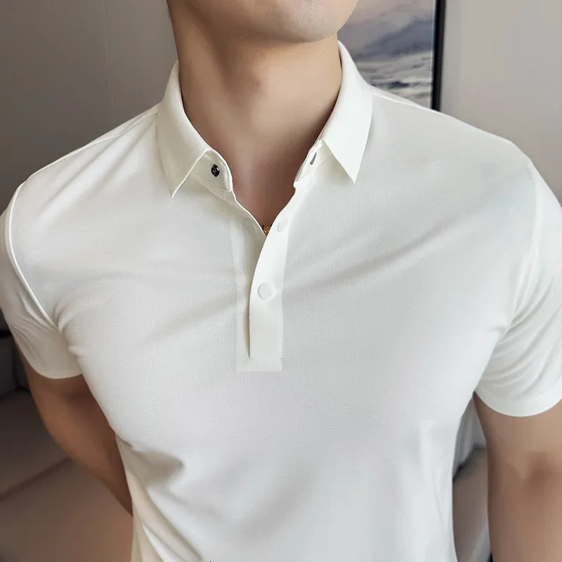 Men Polo Shirt 2025 Summer Ice Silk Light Thin Traceless Solid Casual Elastic Slim Fit Short Sleeved T-shirt Men Clothing 250716