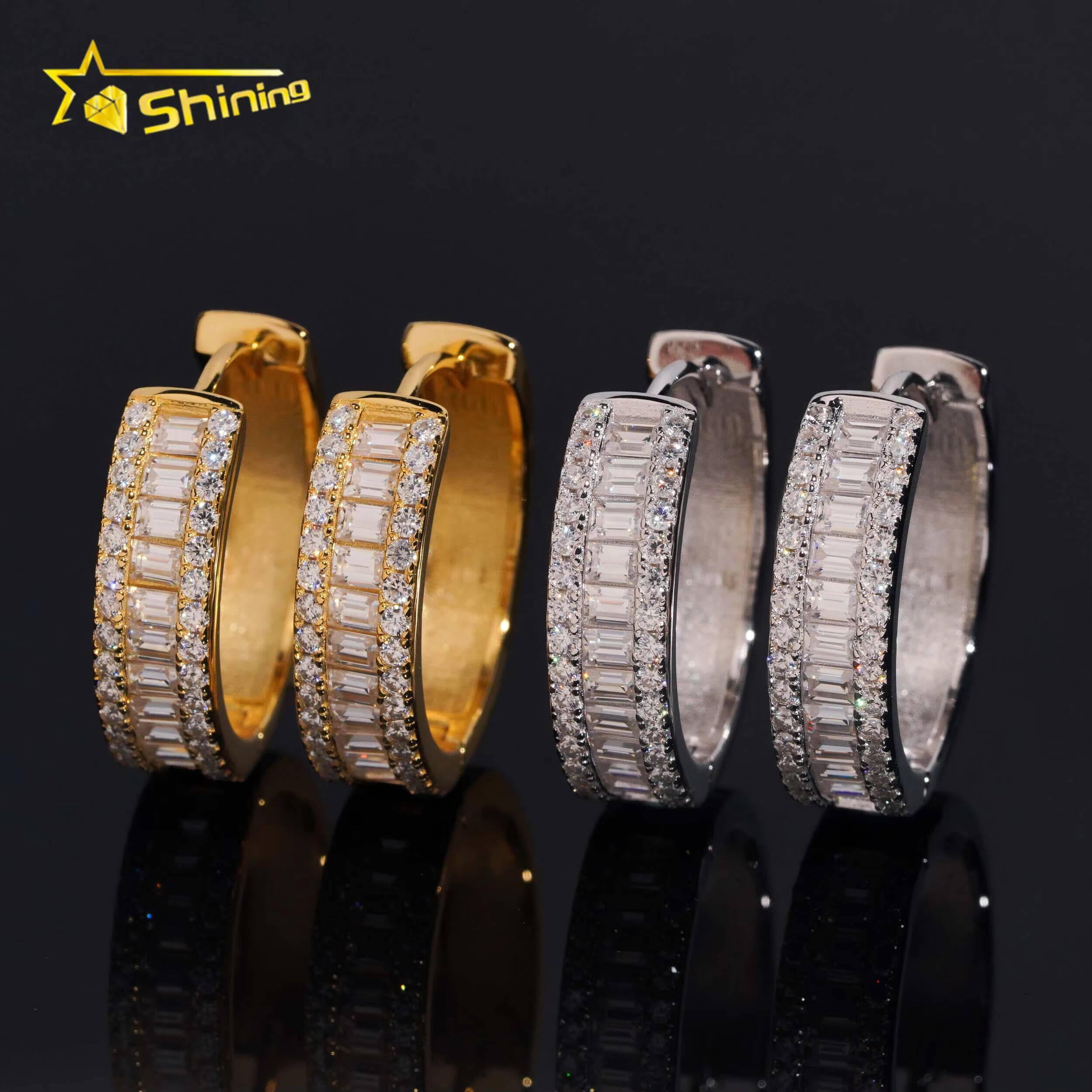 Fine Jewelry 925 Silver Hip Hop Gold Plated Iced Out Baguette Moissanite Diamond Hoop Earrings