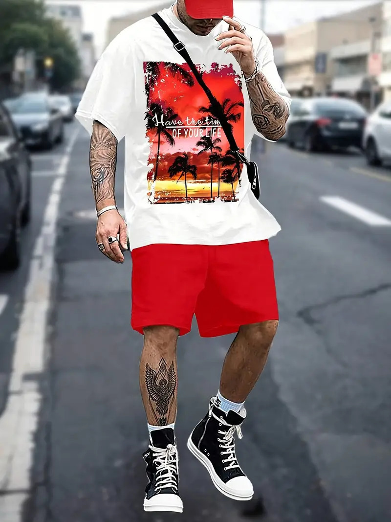 Men's Coconut Tree Print Short Sleeve T-Shirt Set