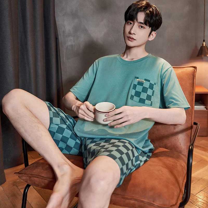 2Pcs Cotton Mens Pajamas Set Short Sleeve Mens Summer Homewear Big Size L-3XL Men Plaid Breathable Sleepwear Men Pajamas W250717