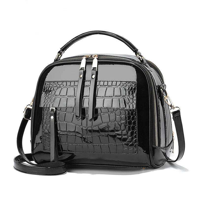Trendy Capacity Portable Womens Bag Black Design High Quality Bright Leather Ladies Handbags Large Casual Crossbody Bags