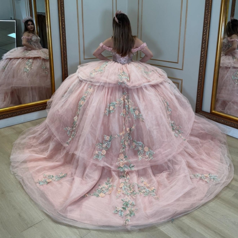 Pink Quinceanera Dresses Ball Gown Off The Shoulder Applique Lace Beads Tull Party Birthday Sweet 16 Dress Vestidos De 15 Anos