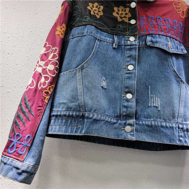 YEAE Retro Contrasting Color Splicing Irregular Long-Sleeved Denim Jacket 2025 Spring New Loose Top