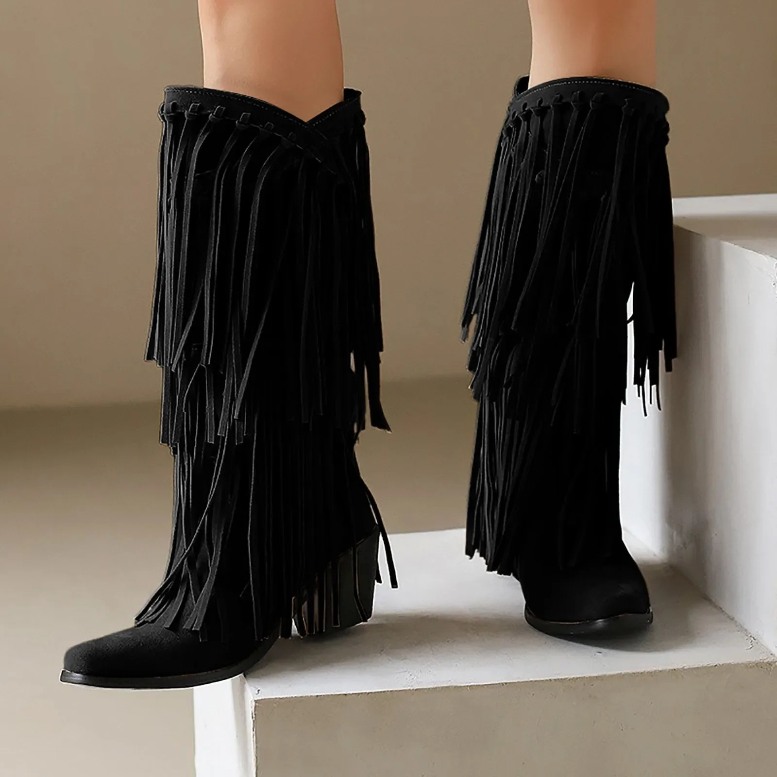 Large Size 45 Women Retro Ethnic Western Cowboy Boots Block Medium Heels Tassel Fringe Kneehigh Boot Lady Winter Shoes Free ship 250716