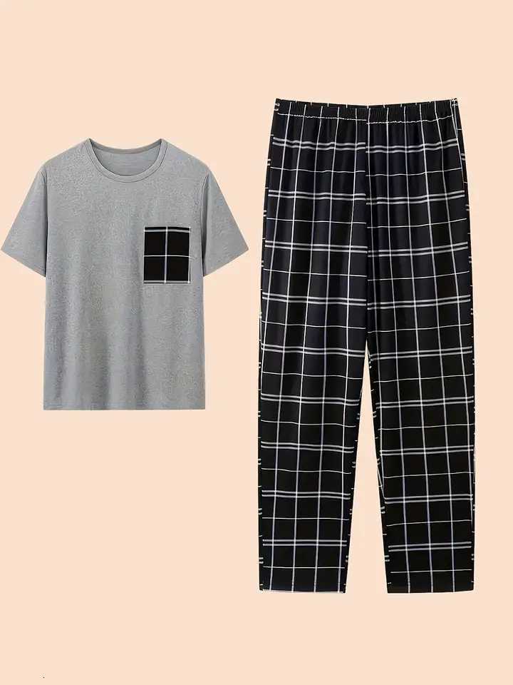 Mens Short Sleeve Pajama Set with Long Pants - Round Neck Plaid Pattern Summer Sleepwear Loungewear 2-Piece Outfit W250717