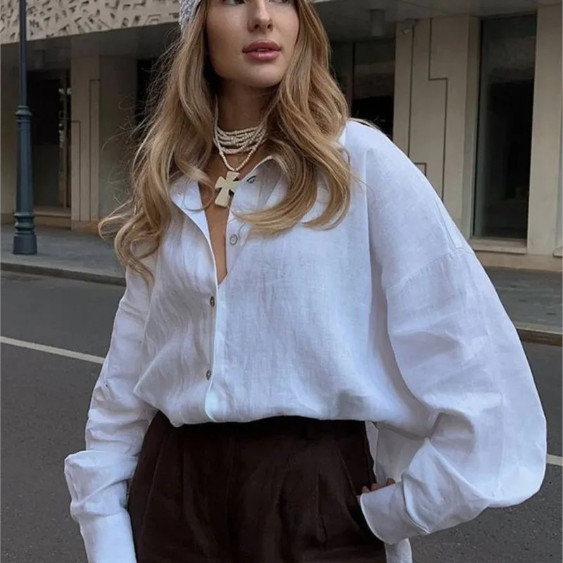 D.Nale K White Womens Linen Shirts Elegant Long Sleeve Loose-Fitting Woman Blouse Vintage Basic Top Collar Shirt for Women 250715