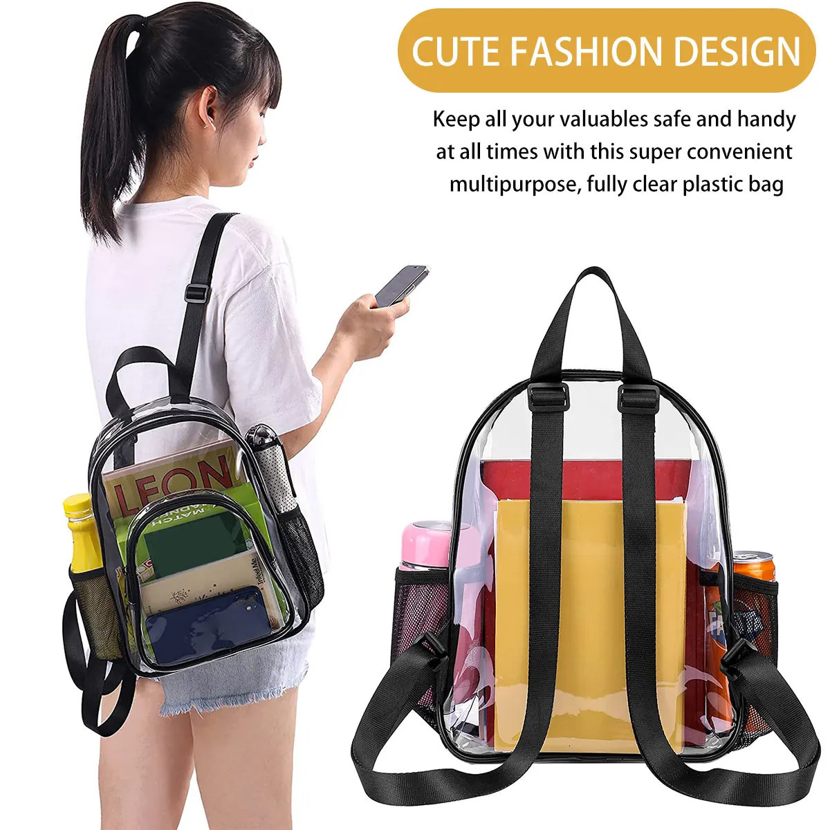 PVC Transparent Backpack Durable Clear Small Backpack Portable Lightweight Mini Cute Clear Bag for Work Outdoor Sports 250714