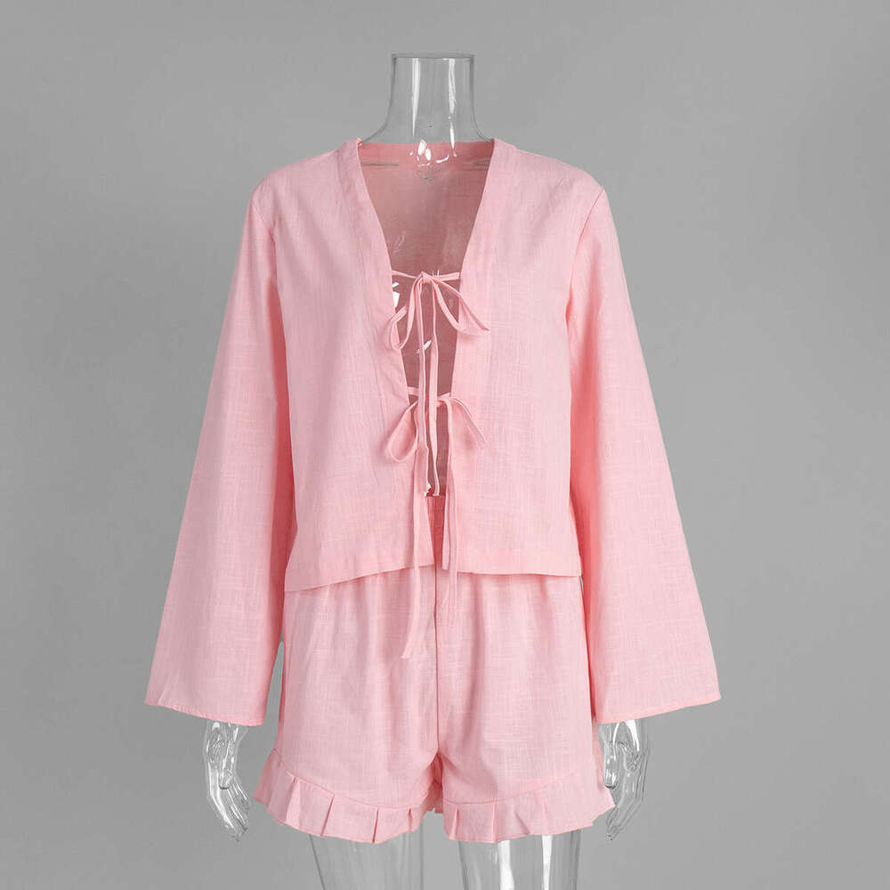 Pure Cotton Tie Cardigan + Spring Summer New Loose Casual Shorts Set For Women B5