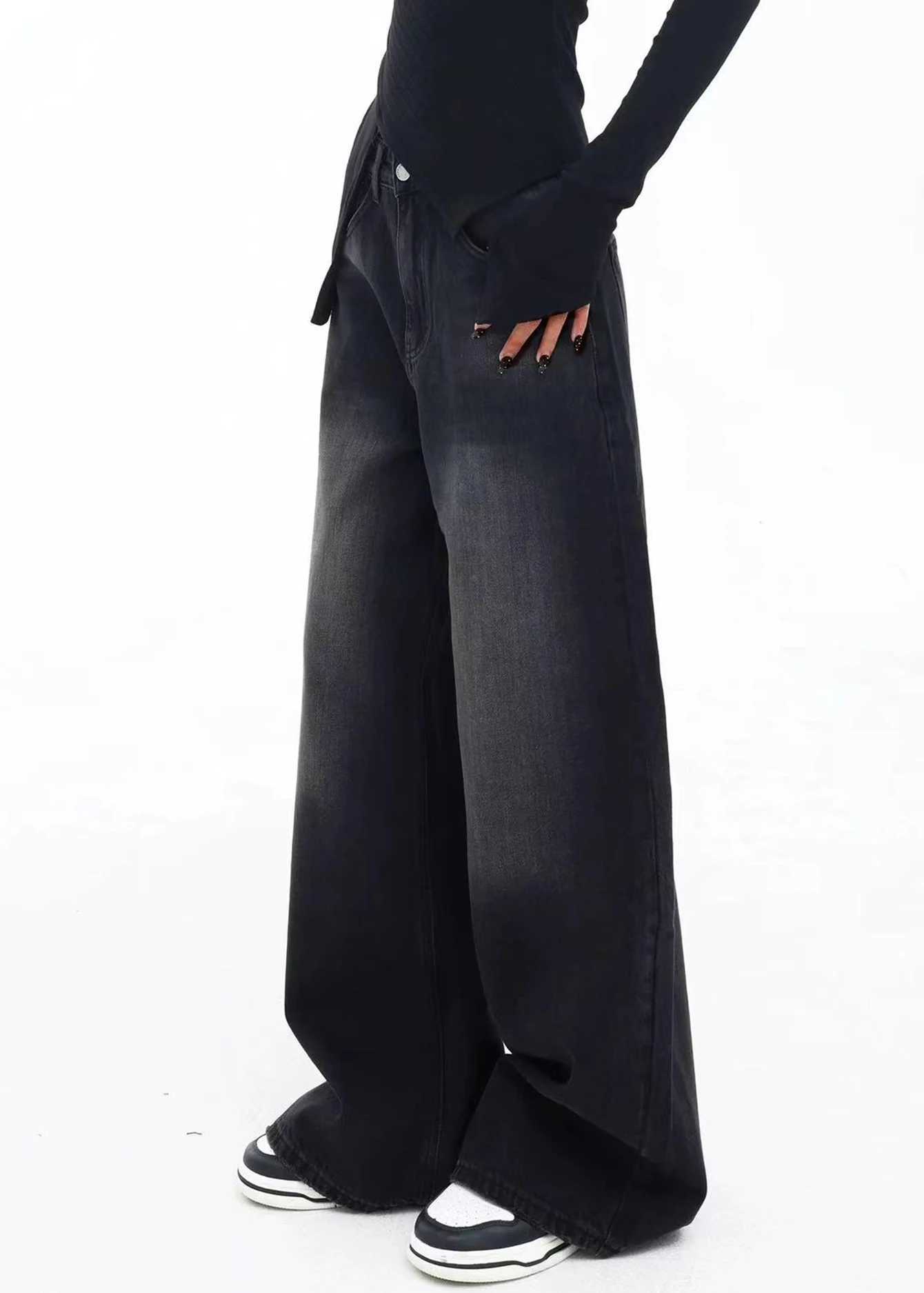 Teenage Girls Vintage Washed Black Long Jeans - Loose Casual Wide-Leg Straight-Cut Pants R250716