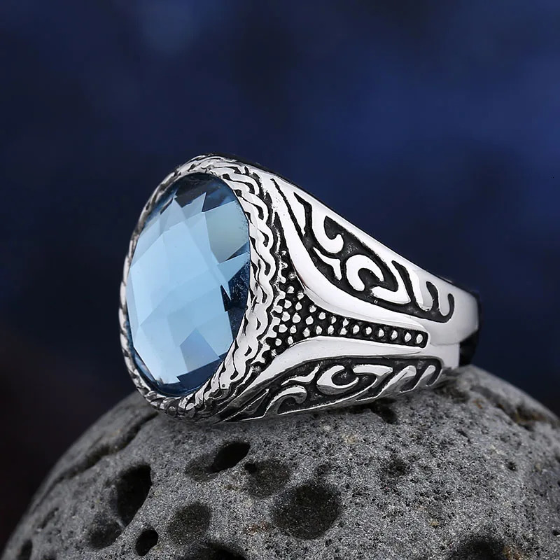 316L Stainless Steel Blue Zircon Ring Vintage Good Polished Fashion Jewelry Couple Gift us size 7 to 13 250716