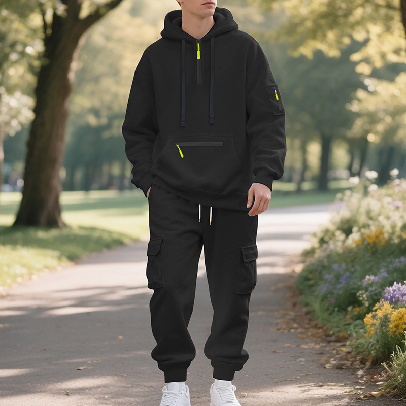 Hoodie Sweatshirt with Zipper and Multiple Pockets Pullover Men's Sports Casual Top Two-Piece Set