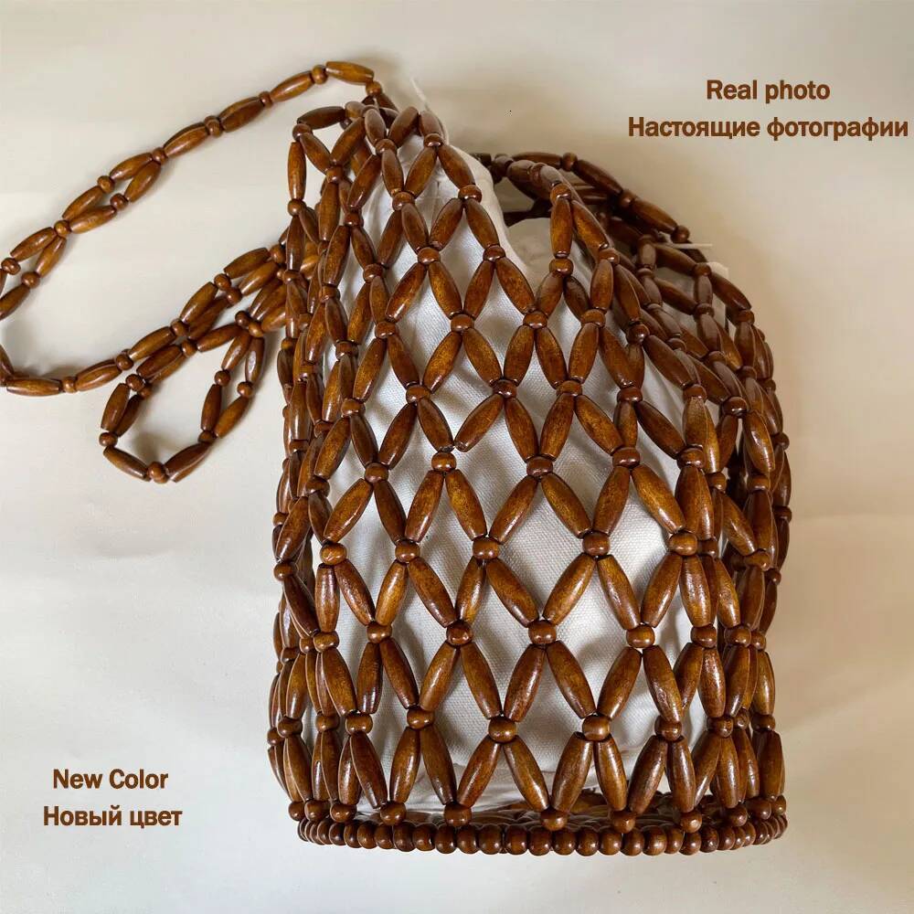 Women Beaded Summer Design Hollow-out Wooden Bead Tote Bucket Shoulder Bag Female Beach Handbag