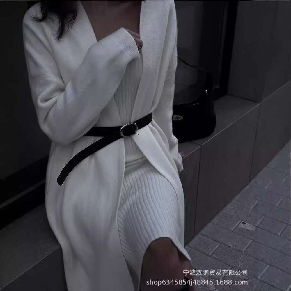 New Solid Color V-Neck Pullover Dress + Sweater Cardigan Elegant Knitted Set B5