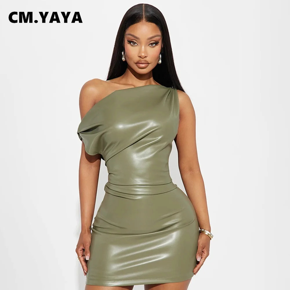 CM.YAYA Women PU Leather Skew Collar Sleeveless Ruched Mini Dress 2025 Bodycon Sexy Streetwear Evening Night Club Party Dresses 250715