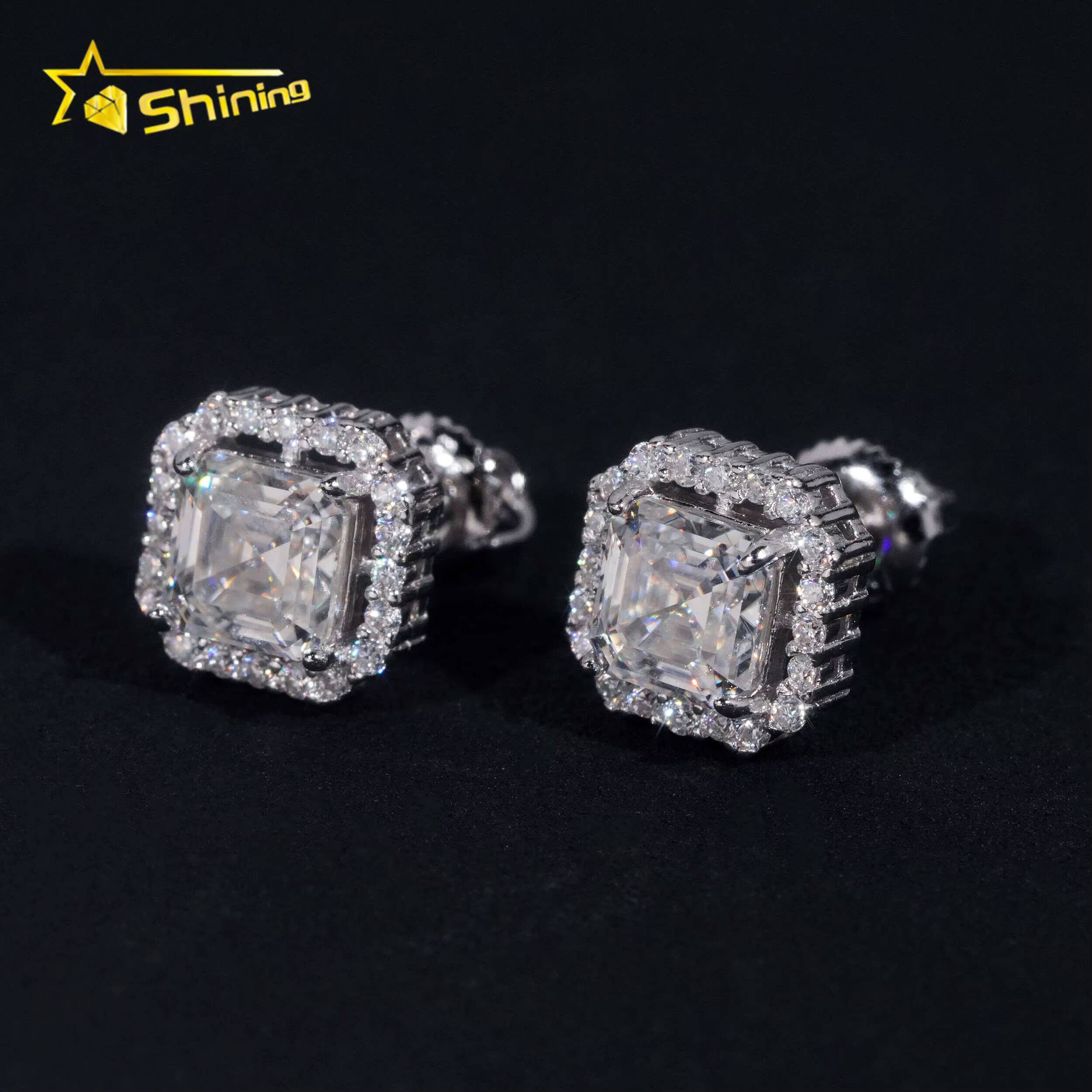 New Stocks Men Women D Color VVS Asscher Cut Moissanite Stud Earrings Fashion Jewelry 925 Silver Hip Hop Earrings
