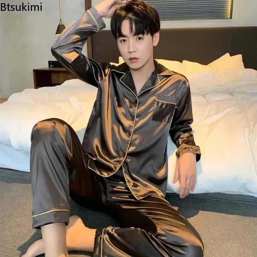 High Quality Mens Casual Pajama Sets Fashion Satin Long Sleeve Lapel Tops and Pants Homewear Suit Men Comfort Lounge Sleepwear W250717