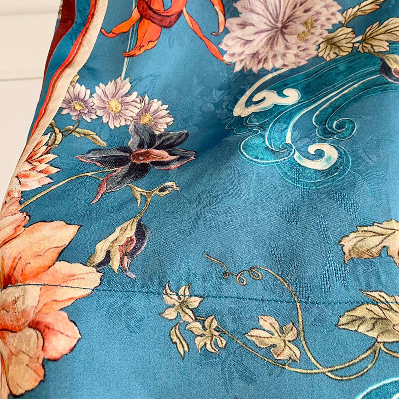 Ladies Blue Oriental Floral Printed Two-Piece Set Fashion Designer Off-Shoulder Long Sleeved Ramie Blouse Viscose Palazzo High Waist Pants S0738