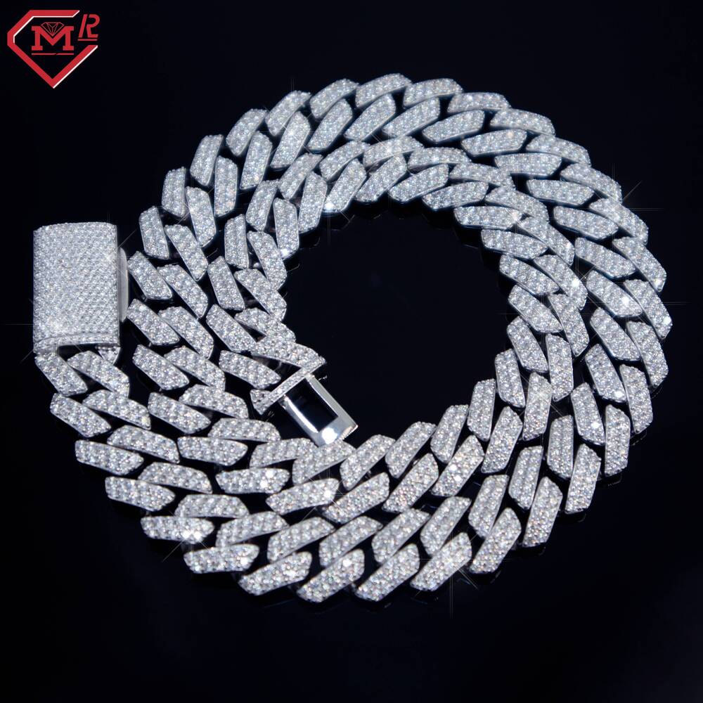 Hot Selling Moissanite Chain Hiphop 2 Row 14mm Iced Out Stunning Silver Moissanite Cuban Link Chain