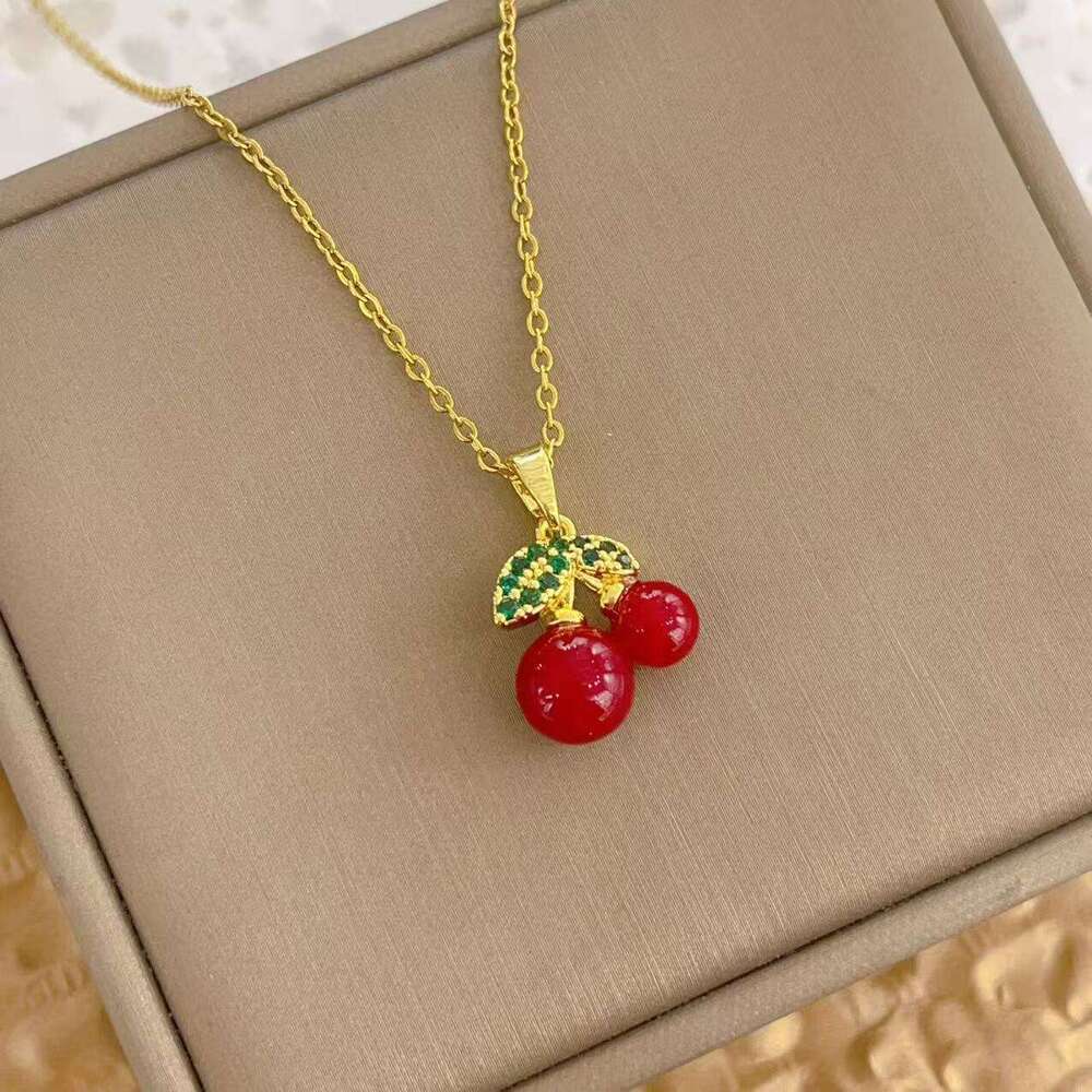 Elegant And Sweet Girl Student Cute Gift Red Cherry Fruit Necklace Collarbone Titanium Steel Chain For Women 994