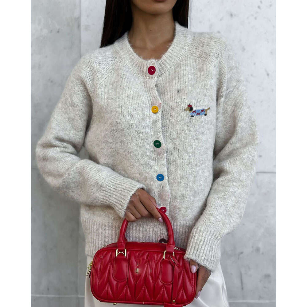 Round Neck Colorful Button Puppy Embroidery Long Sleeve Sweater Cardigan For Women Autumn Korean Style Versatile Top B5