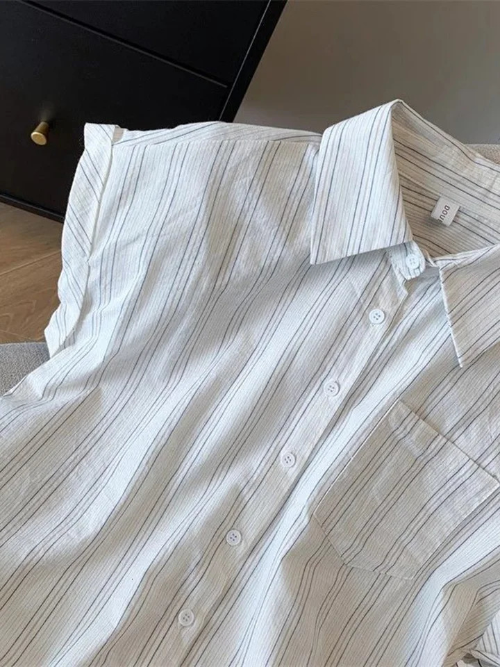 Jmprs Casual Striped White Shirt Women Vintage Loose Simple Flying Sleeve Korean Blouse Summer All Match Female Retro Tops 250704
