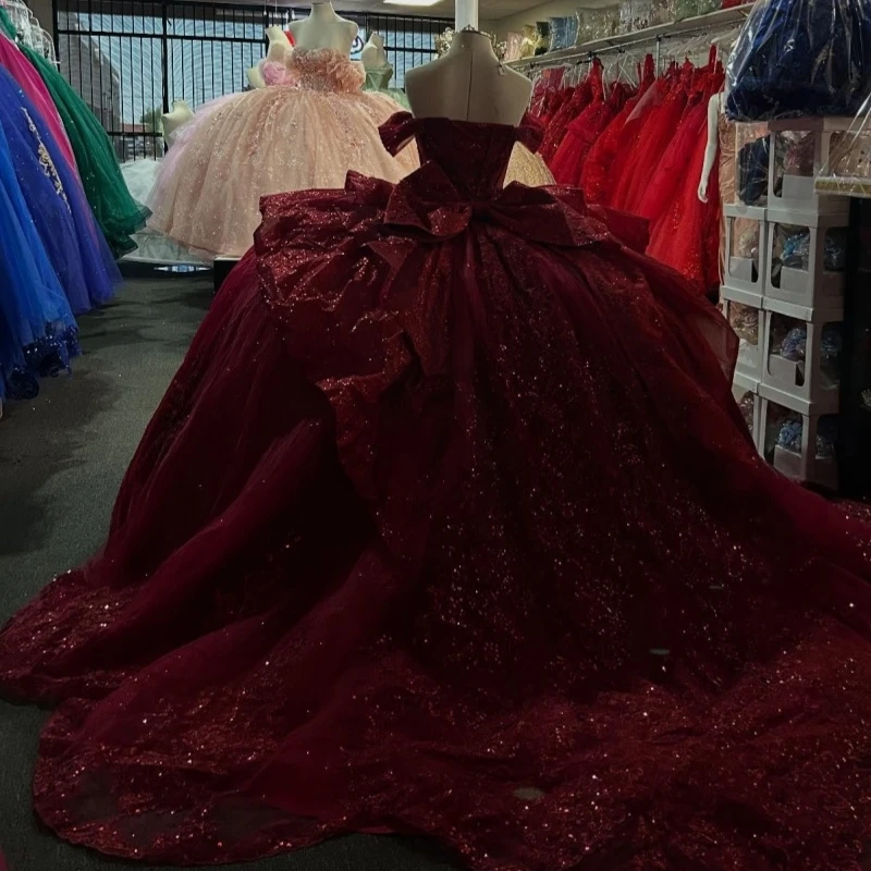 Red Shiny Quinceanera Dresses Ball Gown Off The Shoulder Applique Lace Beads Bow Tull Party Birthday Sweet 16 Dress Vestidos 15 De Anos