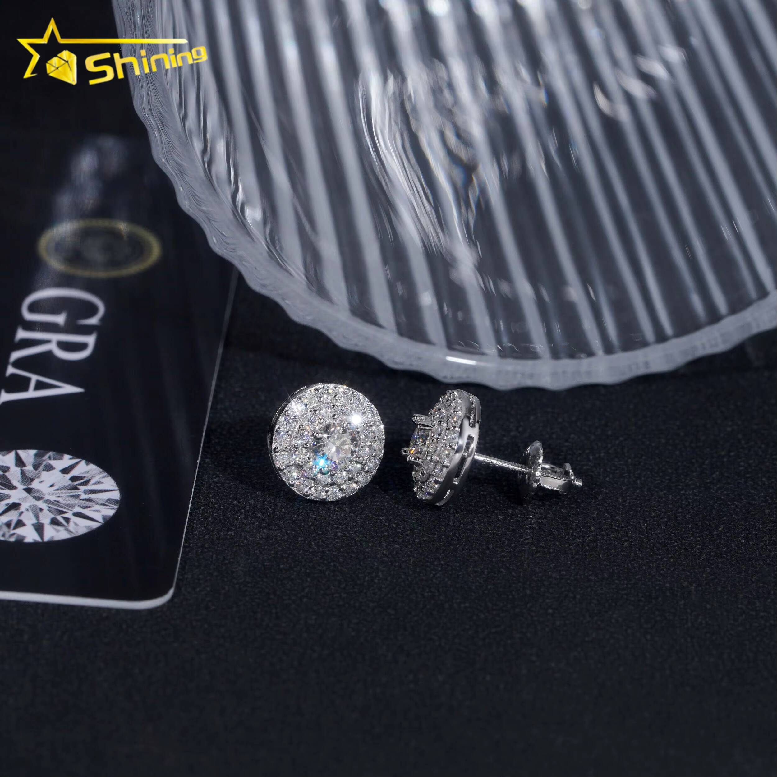 Pass Diamond Tester 925 Sterling Silver Round Cluster Iced Out Mens Moissanite Stud Earrings