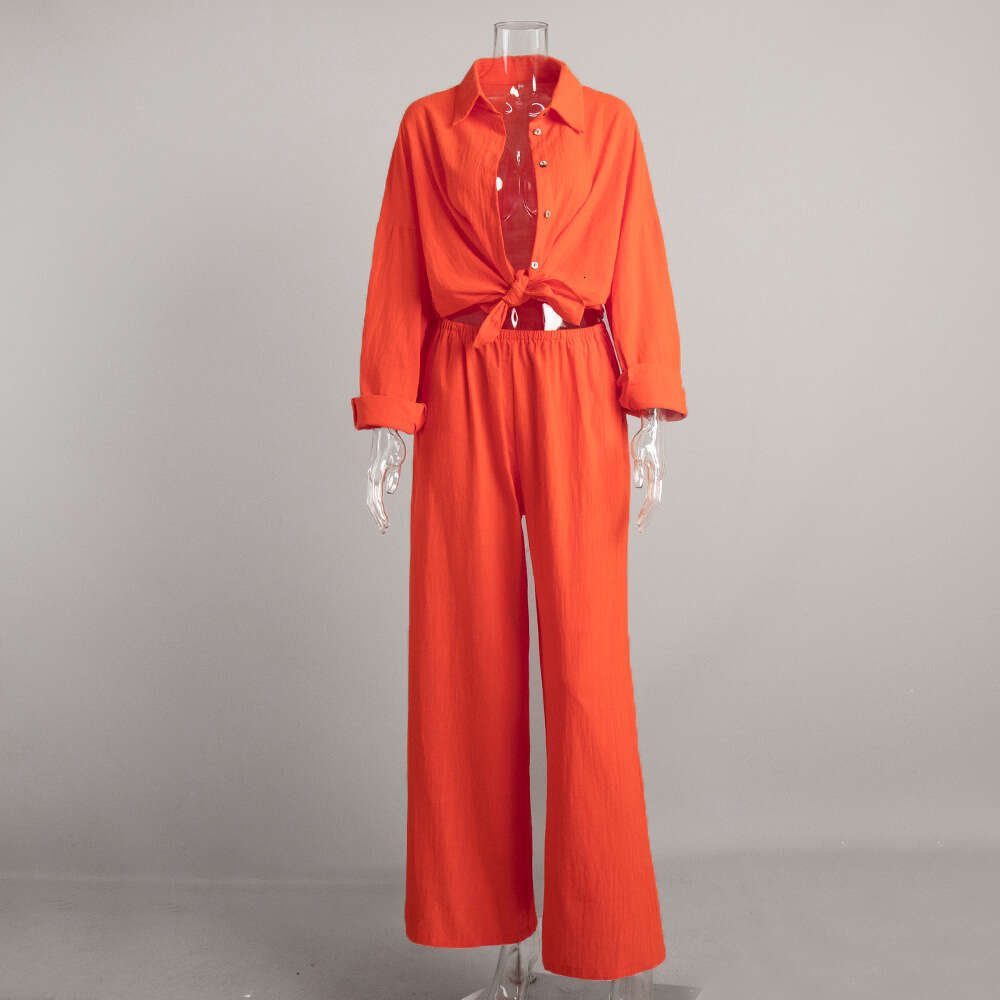 Long Sleeve Spring Summer New Women's Loose Casual Cotton Shirt + Pants Set B5
