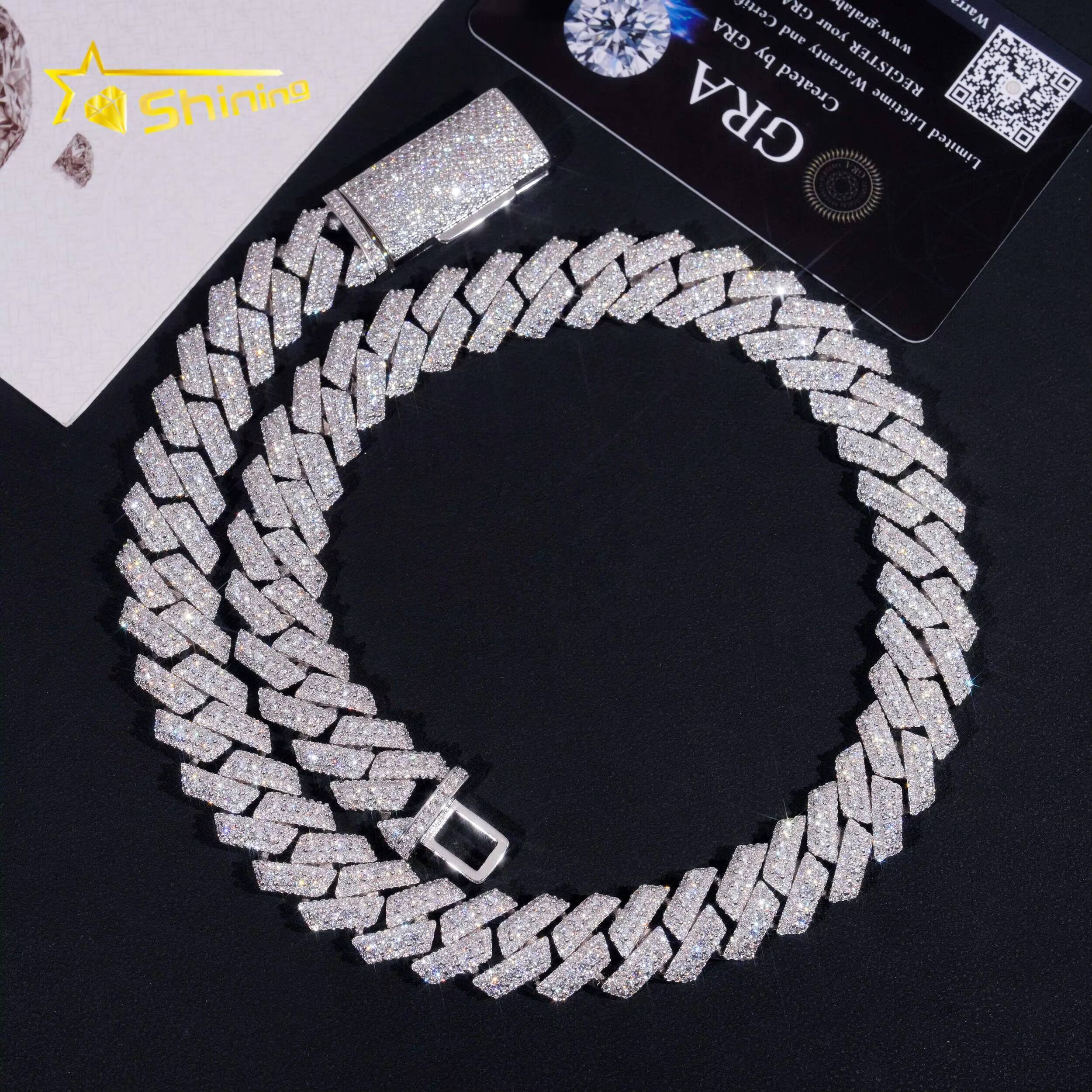 High Quality Heavy Hip Hop 15mm Width 925 Silver VVS Moissanite Iced Out Cuban Link Chain