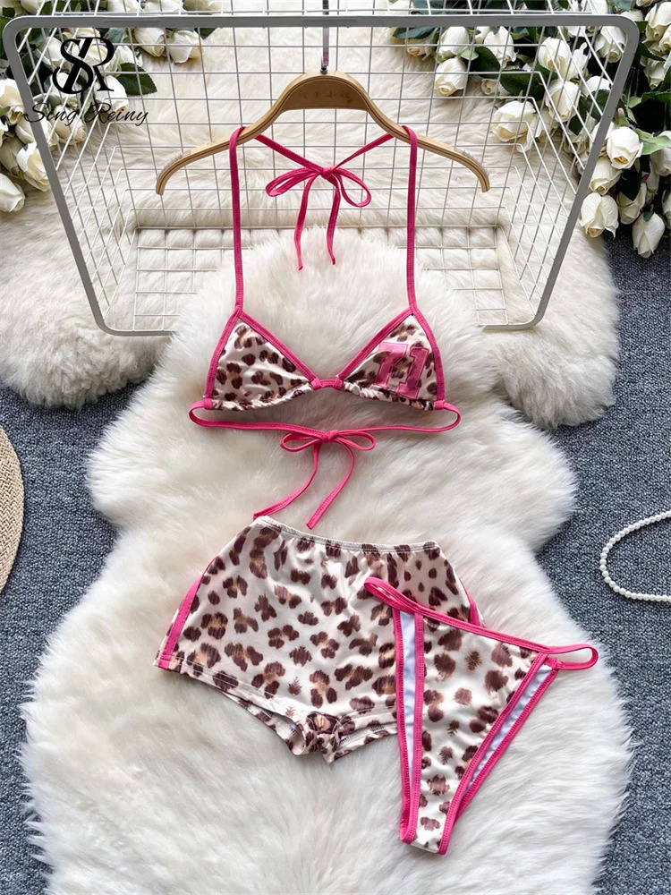 SINGREINY Leopard Bikini sweet Three Piece Set Halter BrSlim ShortsMini Briefs 2024 Women LaceUp Backless Sexy Suits 250714