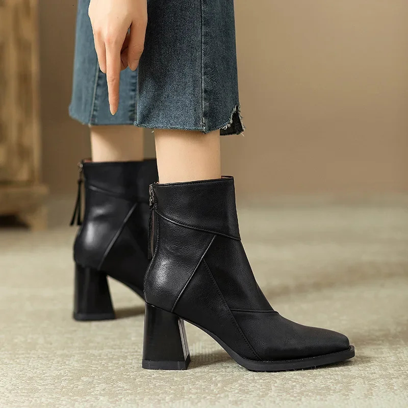 Woman Chunky Ankle Boots Women Zipper Retro Brown Soft Leather Short Boot Autumn Square Toe Casual High Heel Booties Mujer 250716