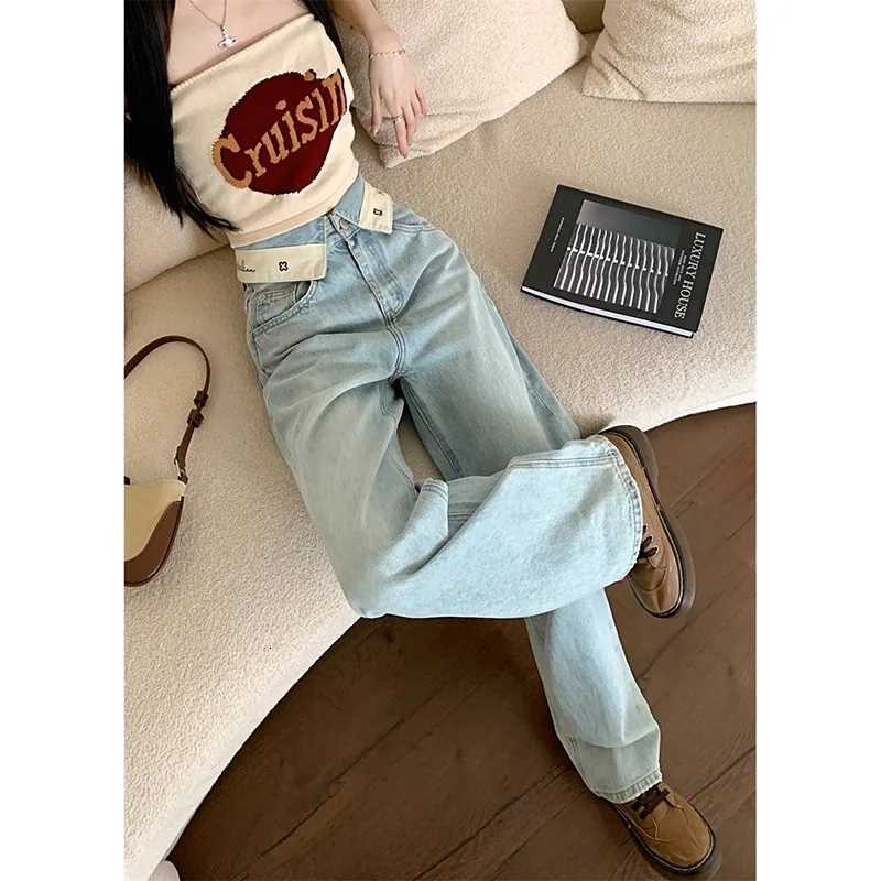 Retro Flip The Edge Waist Letter Wide-leg Jeans. Four Seasons New Fashion Loose Straight-leg Casual Floor-length Jeans for Women R250716