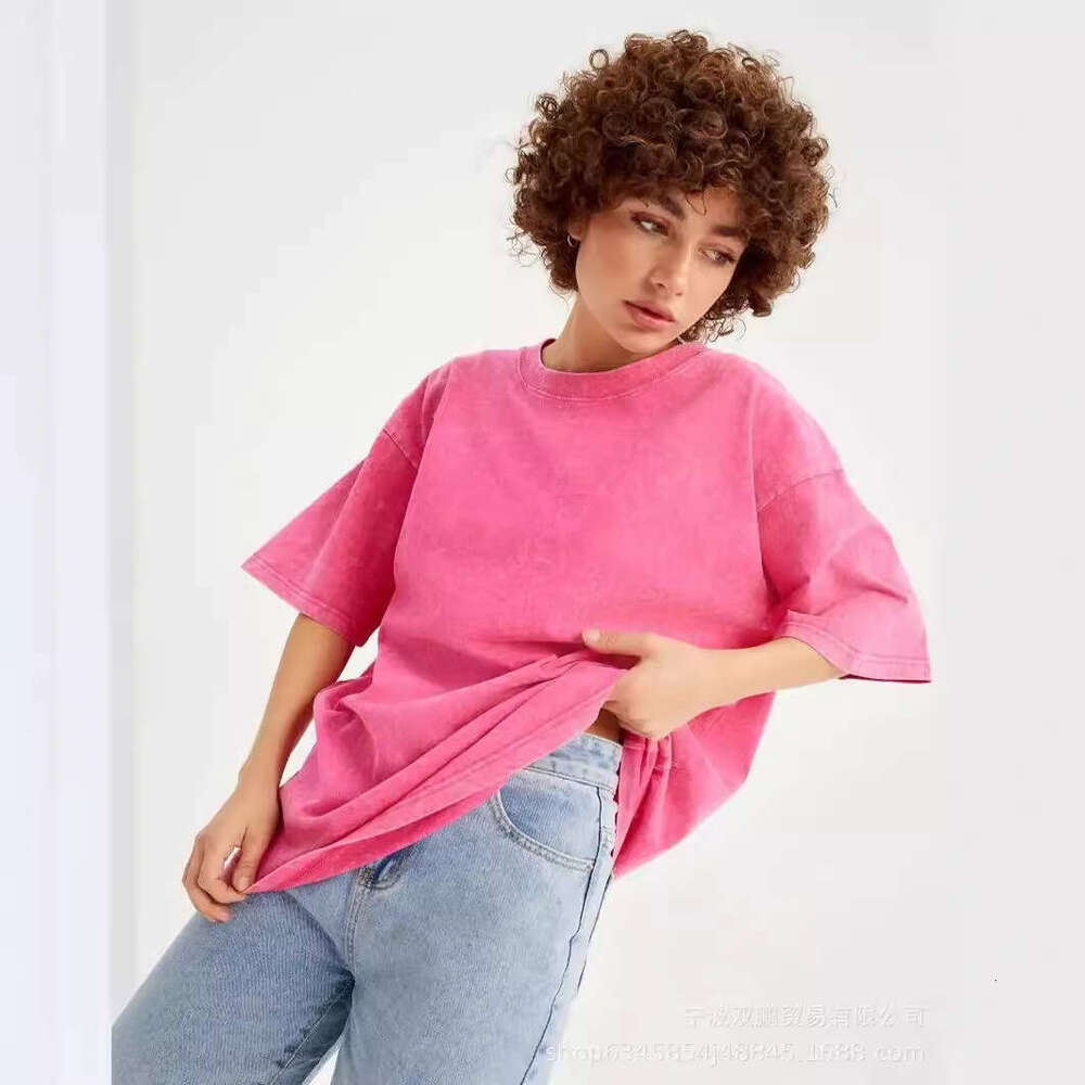 Spring Summer New Solid Color T-Shirt Women Washed Vintage Wax-Dyed Top Pure Cotton Short Sleeve B5