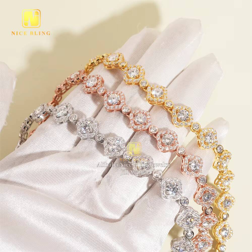 Clover Jewelry Cuban Links Chain Fancy Style Tennis Chain 925 Silver Pass Diamond Tester GRA Moissanite Tennis Bracelet