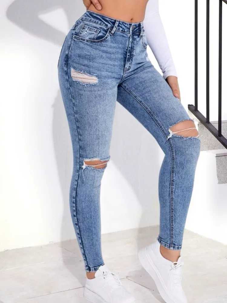 Blue stir-fried snowflake fashionable hole tight-fitting small-leg jeans R250716