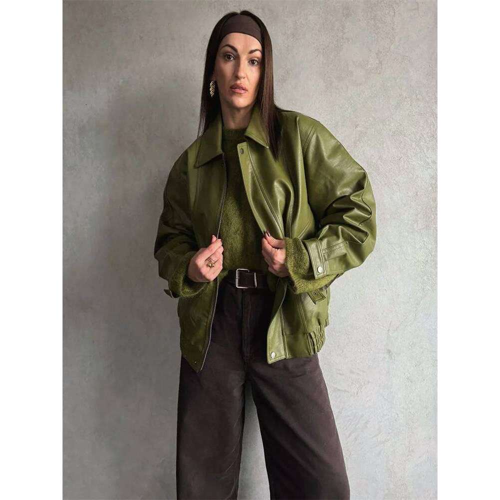 Green PU Leather Jacket Women Retro Laple Zipper Loose Full Sleeve Oversized Coat Female 2025 New Fashion Lady Solid Streetwear
