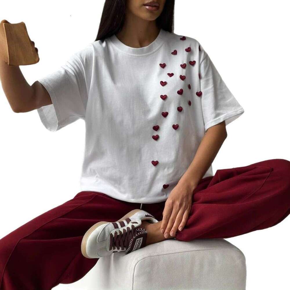 Women's Spring Summer New Trendy Brand Printed Casual Short Sleeve Fashion 3D Heart Sticker Round Neck Versatile Solid Color T-Shirt Ins B5