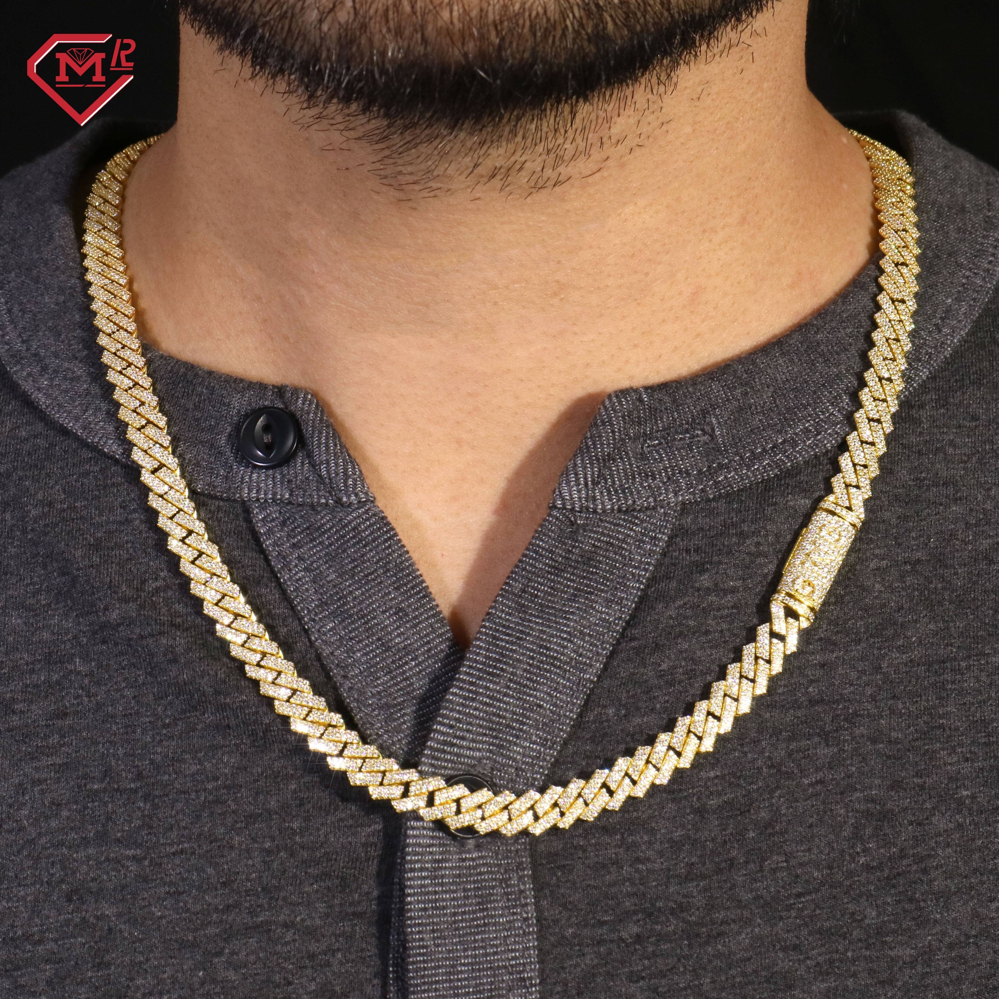 Custom Moissanite Cuban Chain 2 Row 10K Gold Iced Out Hip Hop Moissanite Cuban Link Chain