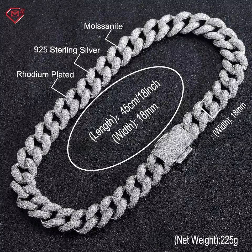 Luxury 18mm Cuban Chain Sterling Silver VVS Iced Out Hip Hop Borderless Miami Cuban Link Chain