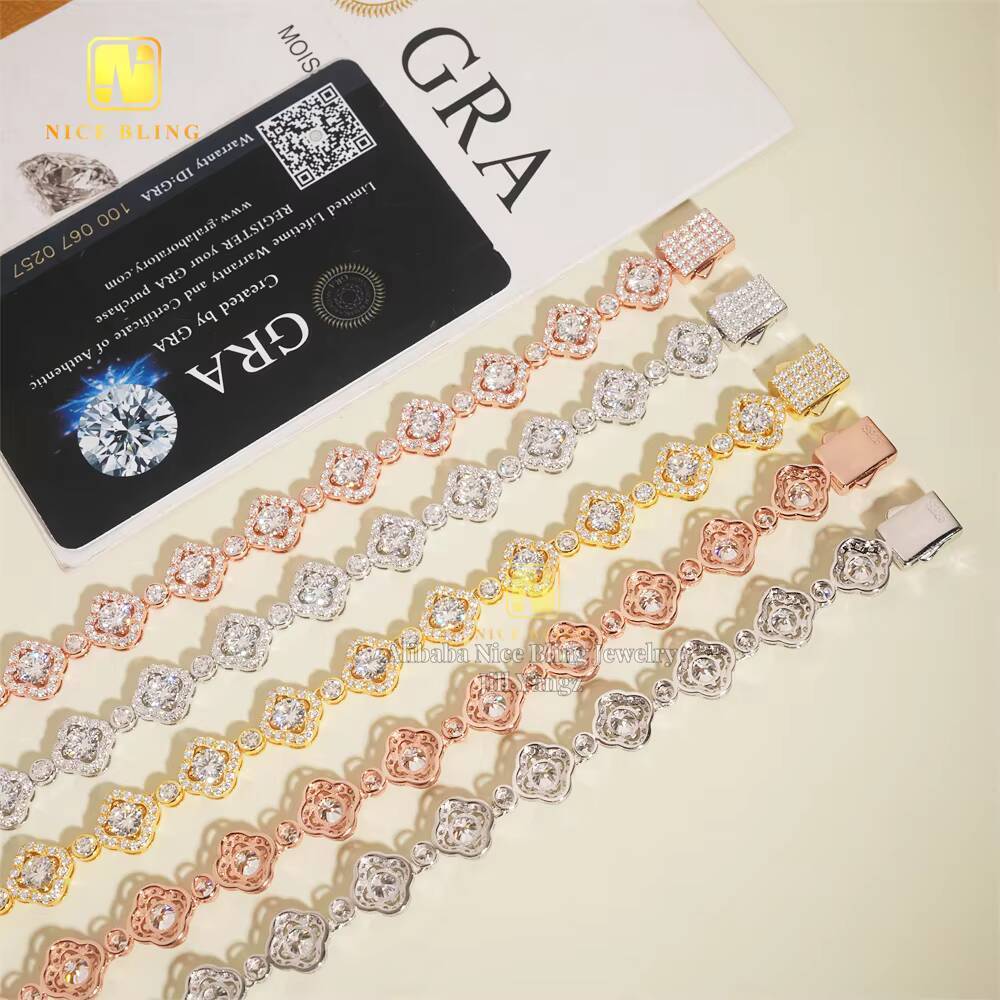 Clover Jewelry Cuban Links Chain Fancy Style Tennis Chain 925 Silver Pass Diamond Tester GRA Moissanite Tennis Bracelet